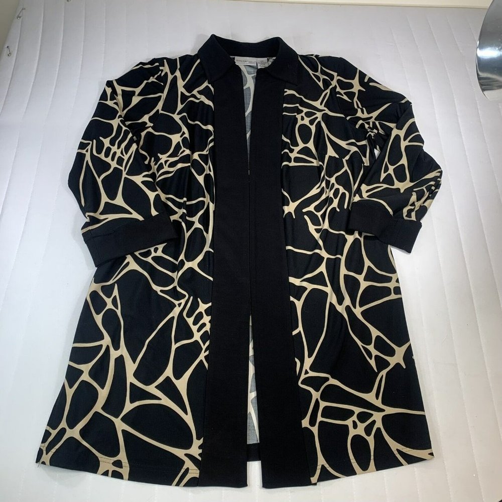 Anna Maxwell Womens Open Front Cardigan Black Tan Long Sleeve Abstract Sz 16W